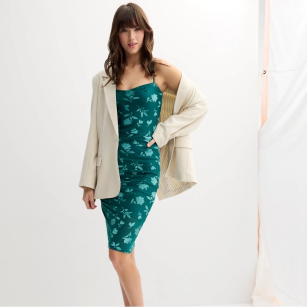 Madden Girl Medium Teal Velvet Floral Mesh Bodycon Midi Slip Cocktail Dress New